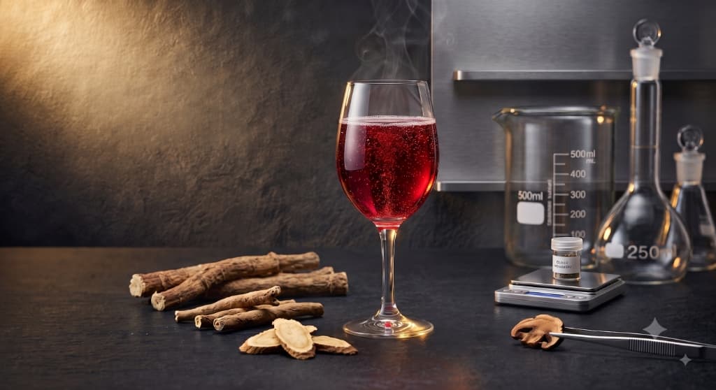 A glass of steaming amber adaptogenic infusion on dark slate, with ginseng root, a beaker and flasks behind
