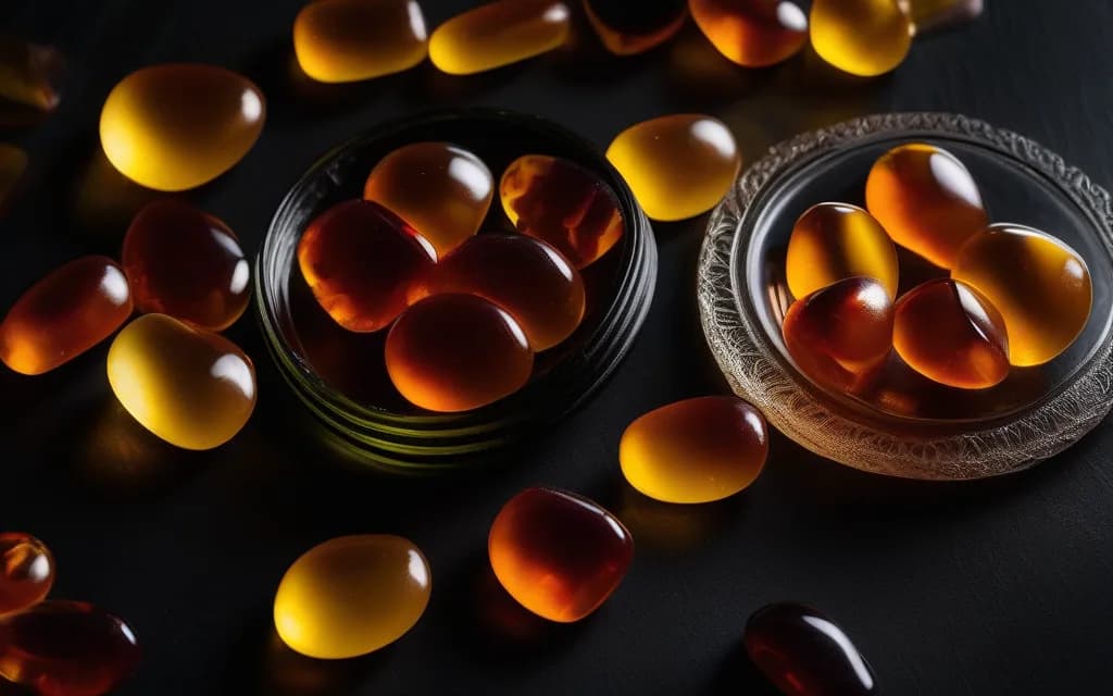 Translucent amber gummies in clear glass dishes on dark slate, backlit so the light passes through them
