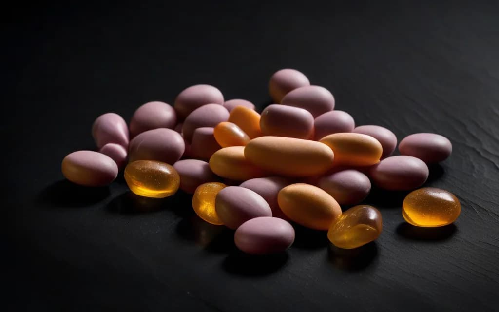 Pastel chewable vitamin tablets gathered on a dark slate surface under warm side light