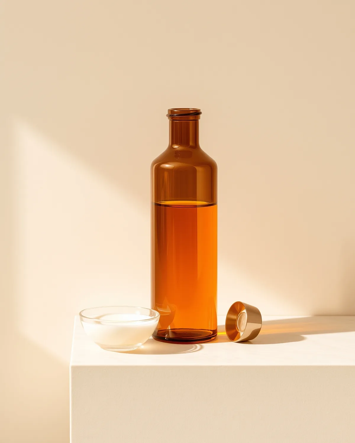 Active concentrate in amber glass beside a dish of pearlescent cream