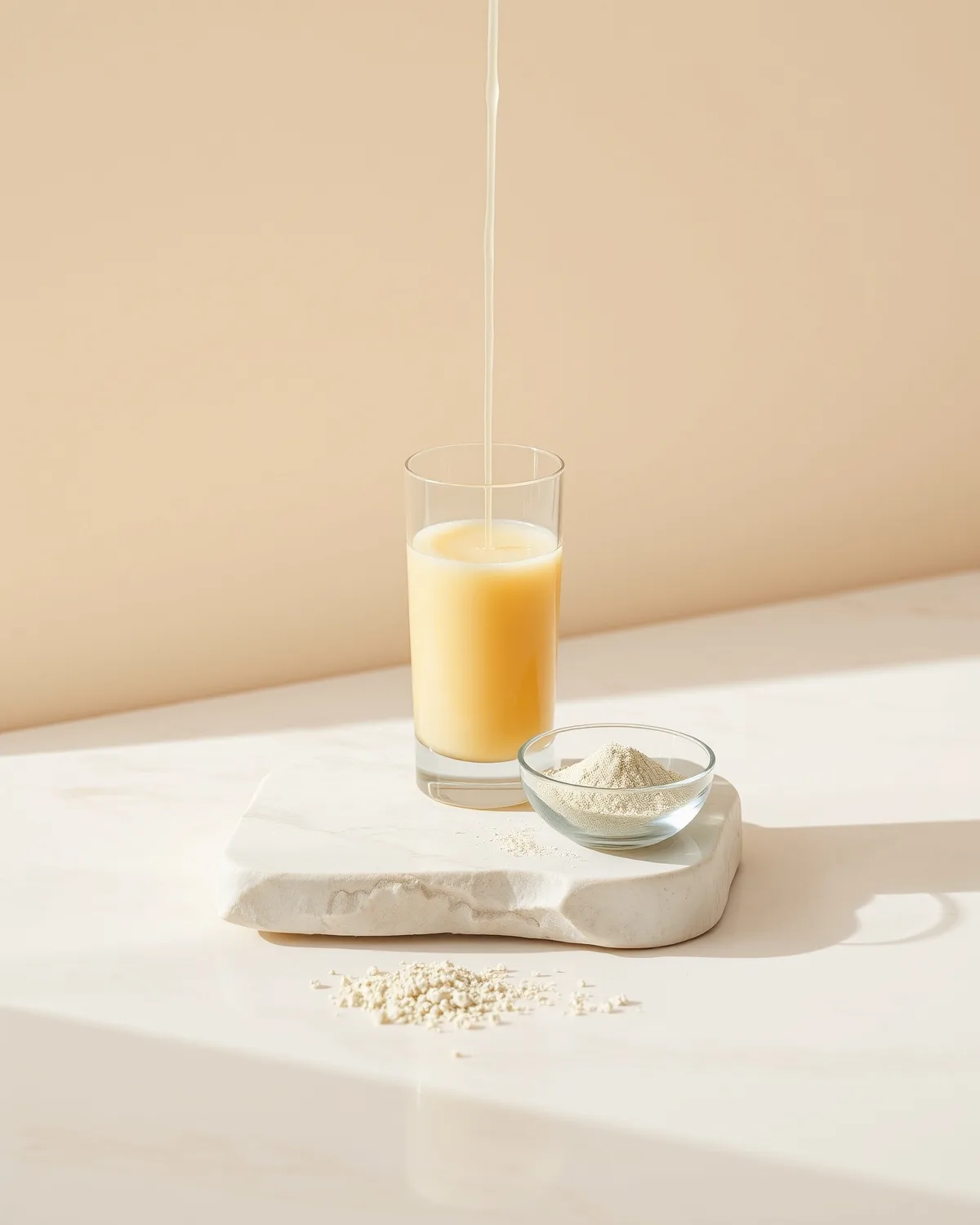 Functional beverage being poured beside blended powders
