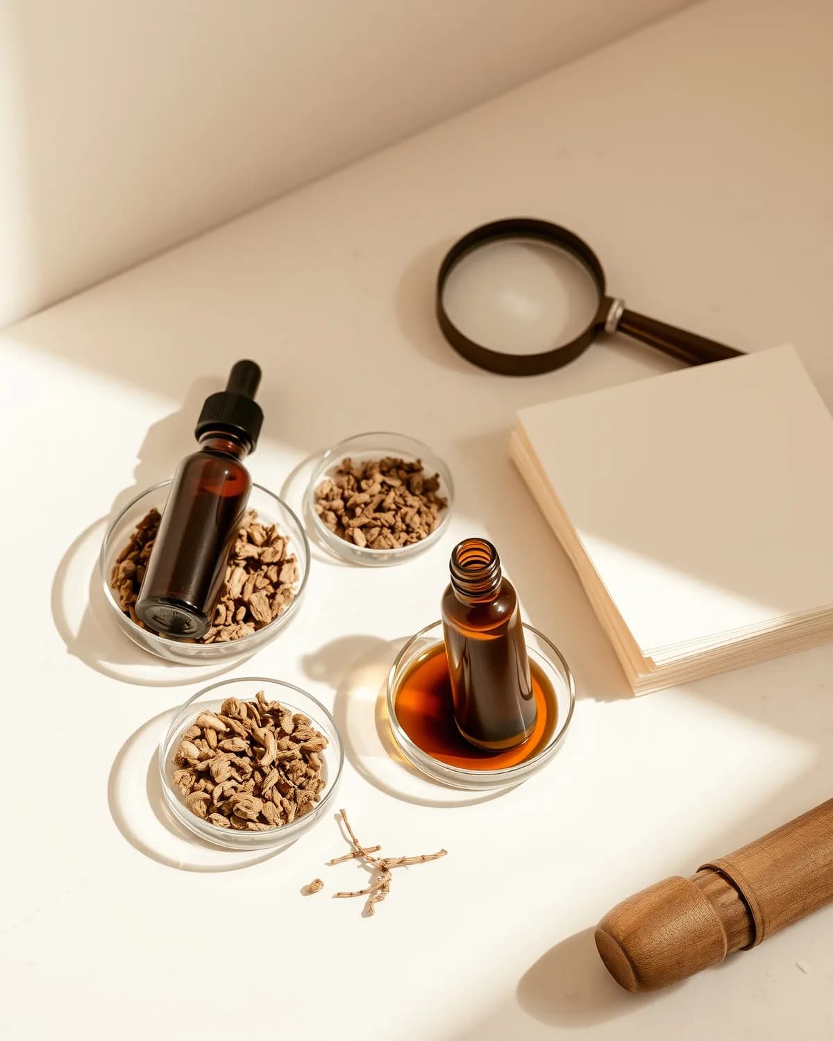 Botanical extracts and reference literature laid out for review