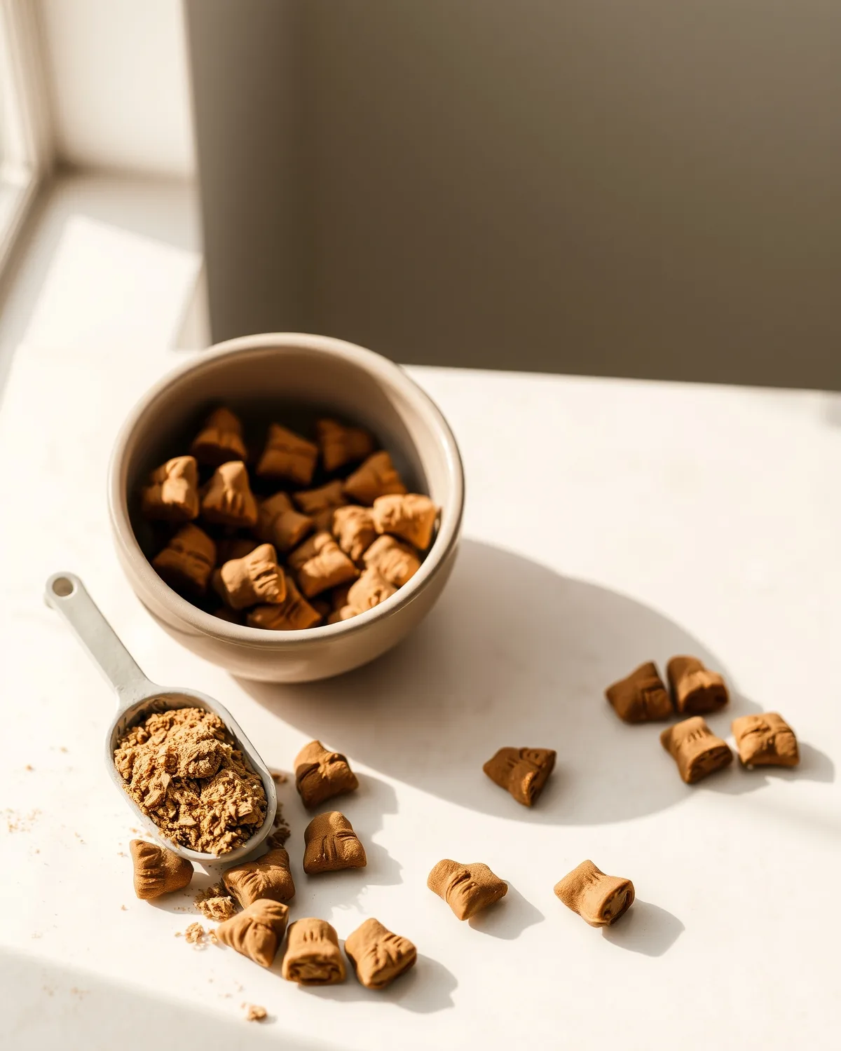Pet supplement chews and powder beside a feeding bowl