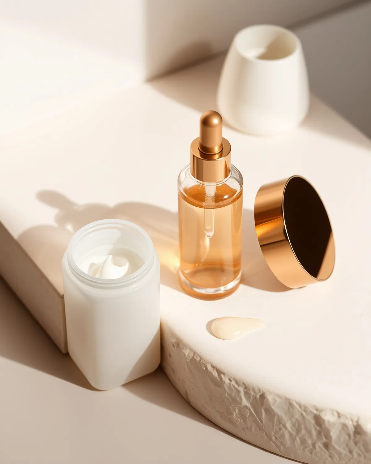 Serum dropper and cream jar on a pale stone surface