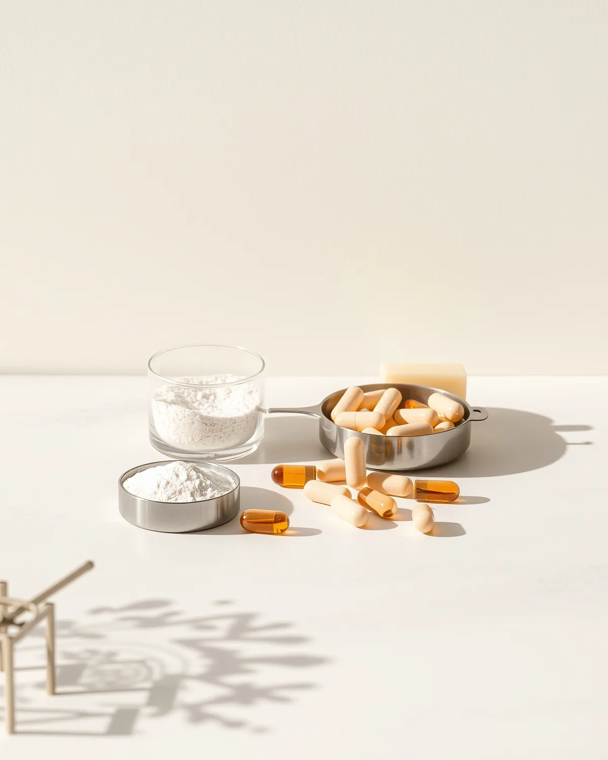 Capsules and powdered actives weighed out on a formulation bench
