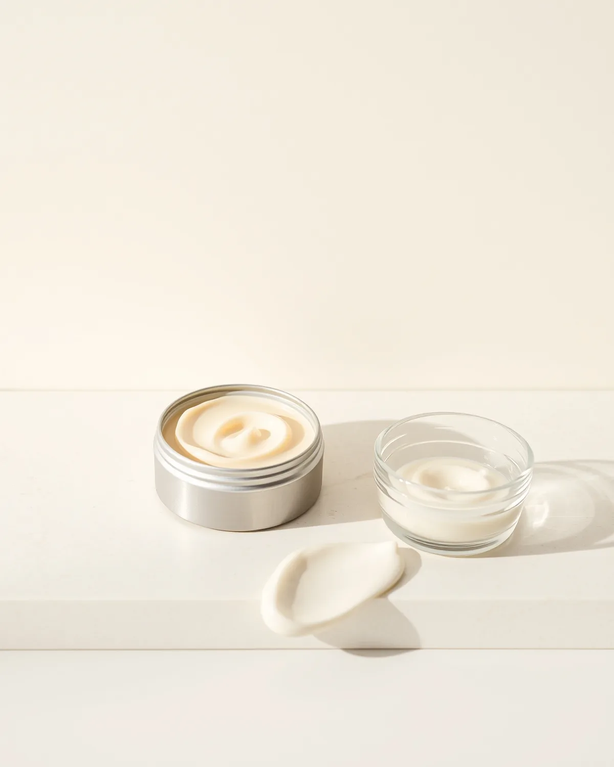 An open tin of balm and a dish of cream beside a swatch drawn across pale stone