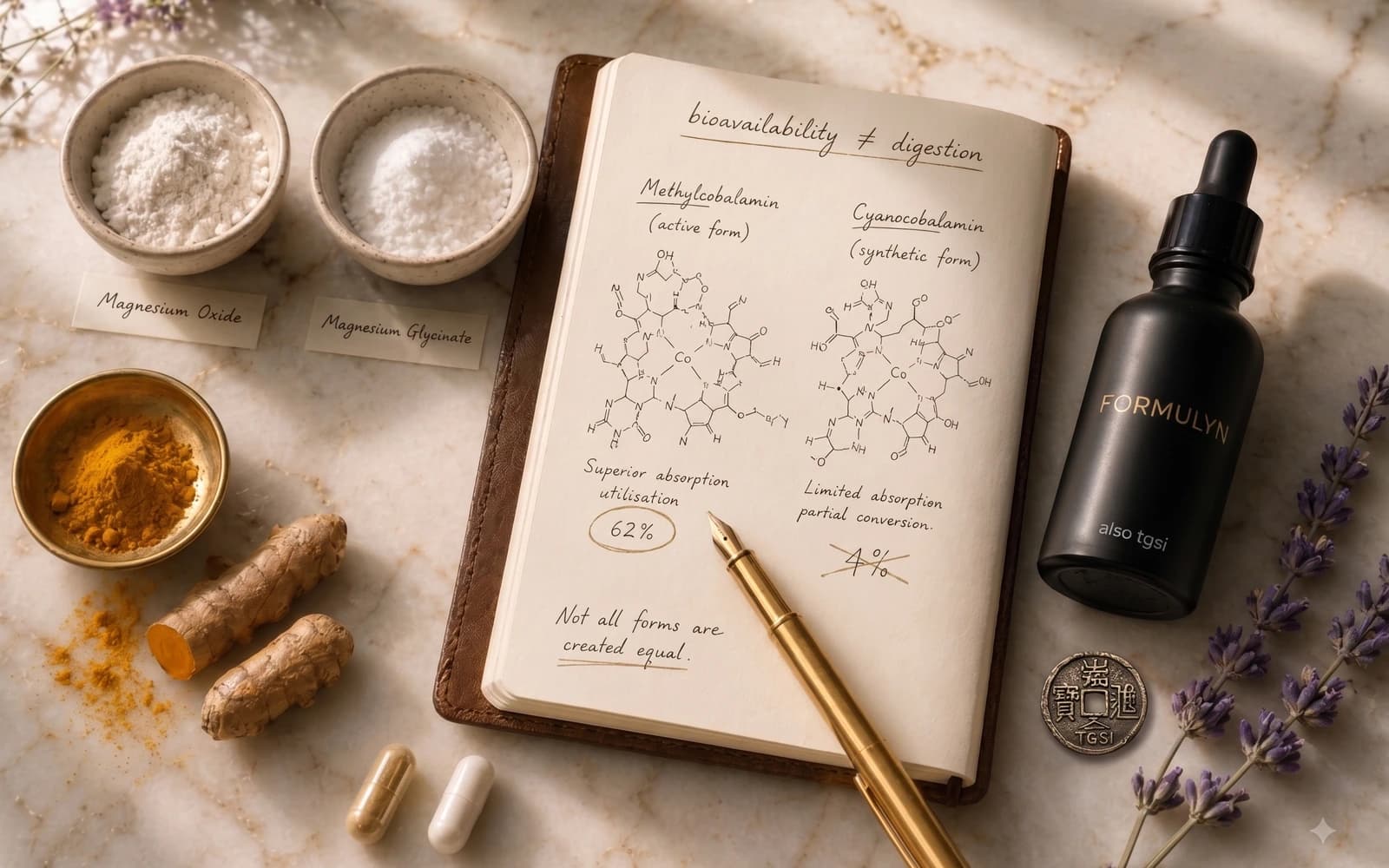 A marble bench laid with two bowls of white powder labelled magnesium oxide and magnesium glycinate, a bowl of turmeric beside fresh root, two capsules and a black Formulyn dropper bottle. An open notebook headed "bioavailability ≠ digestion" sets methylcobalamin against cyanocobalamin and closes with "not all forms are created equal".