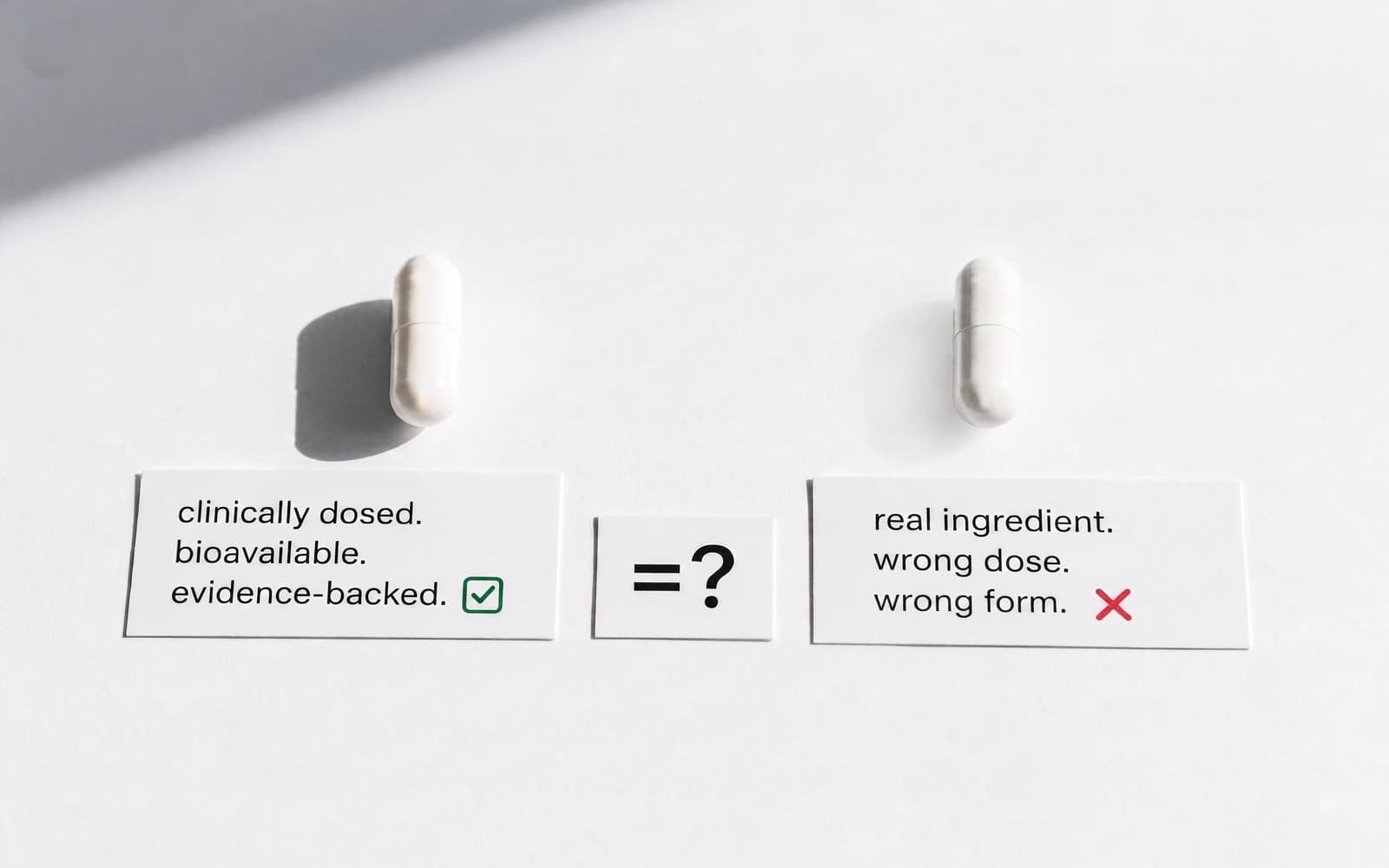 Two identical white capsules side by side. The card beneath the left one reads "clinically dosed, bioavailable, evidence-backed" with a tick; the card beneath the right reads "real ingredient, wrong dose, wrong form" with a cross.